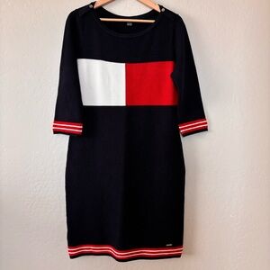 Tommy Hilfiger Logo Knit Dress Red White Blue 3/4 Sleeve Button Accent Sz Large